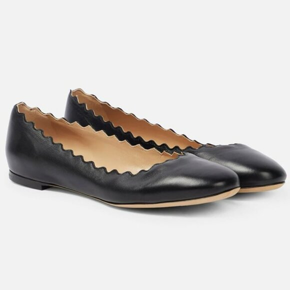 Chloe Women's Lauren Ballet Flats Black Scallop Leather Size 38.5 (MSRP $595) - Picture 1 of 12